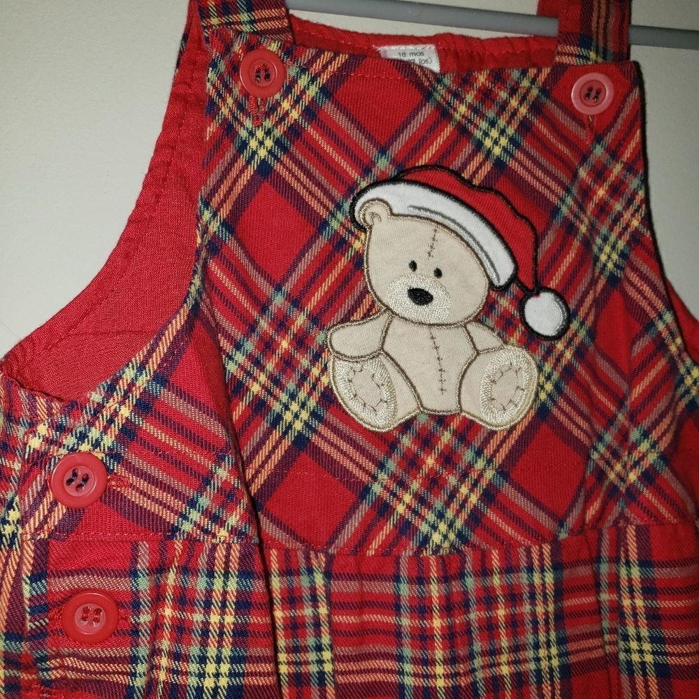 FIRST IMPRESSIONS CHRISTMAS BEAR PLAID OVERALLS - Picture 2 of 4